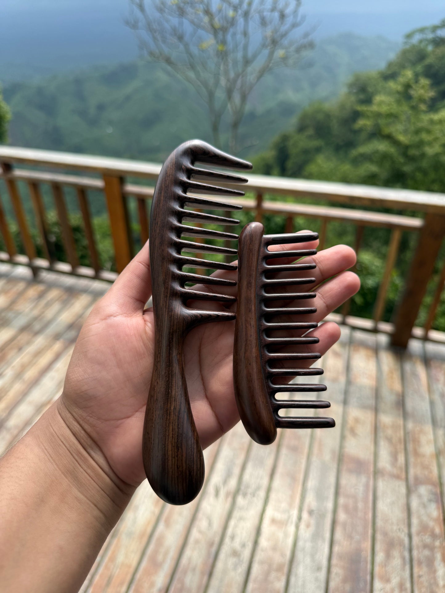 11 Teeth Dark Sandalwood Comb and Travel Comb - Combo Package