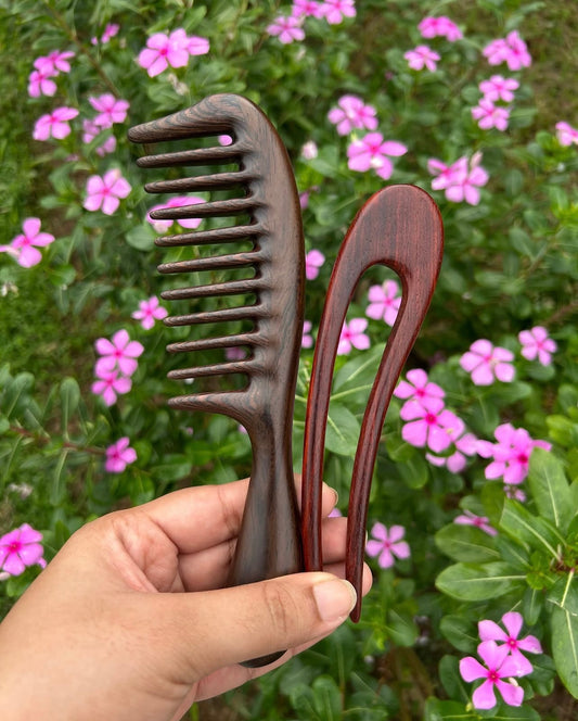 11 teeth Comb and Rose Sandalwood Bended Hairpin - Combo Package